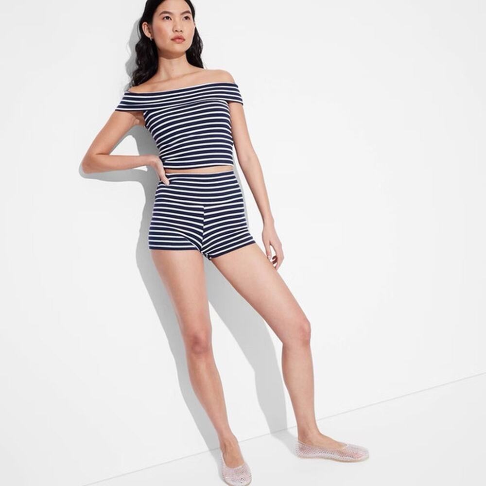 Navy White Stripe Set High Rise Shorts Off The Shoulder Top Knit Stretch Small